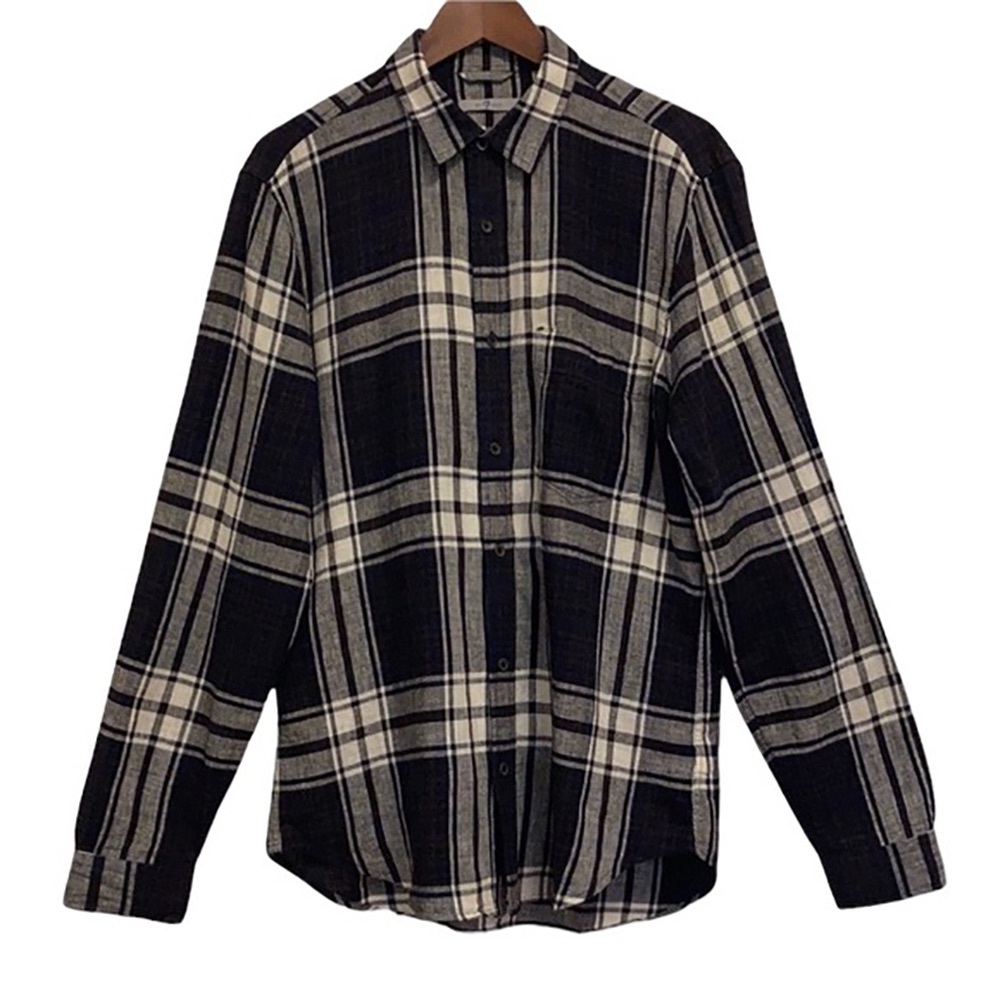 7 For All Mankind Shirt Mens Medium Linen Cotton Grey Black Plaid Long Sleeve